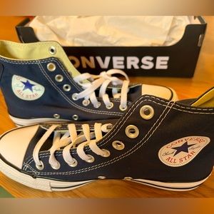 Navy Converse All-Star hi-tops. In box, never worn. Men’s 6.5 / Women’s 8.5